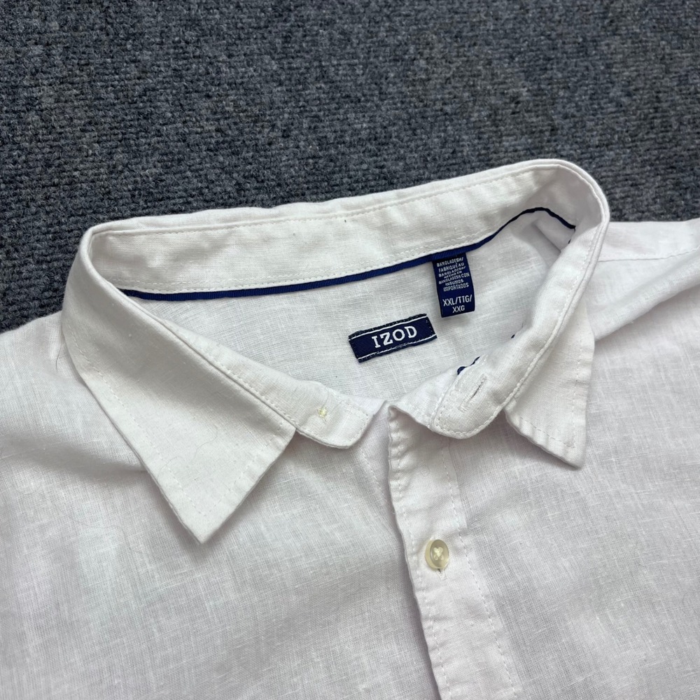 IZOD Linen Blend Short Sleeve Button Down White Collared Shirt